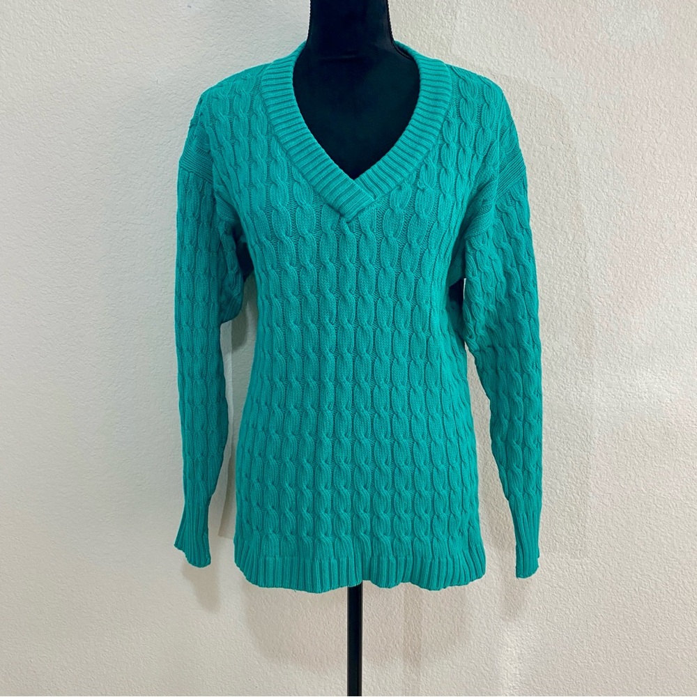 VTG Clifford & Wills Teal Green Cotton‎ Cable Knit V-Neck Sweater Size M